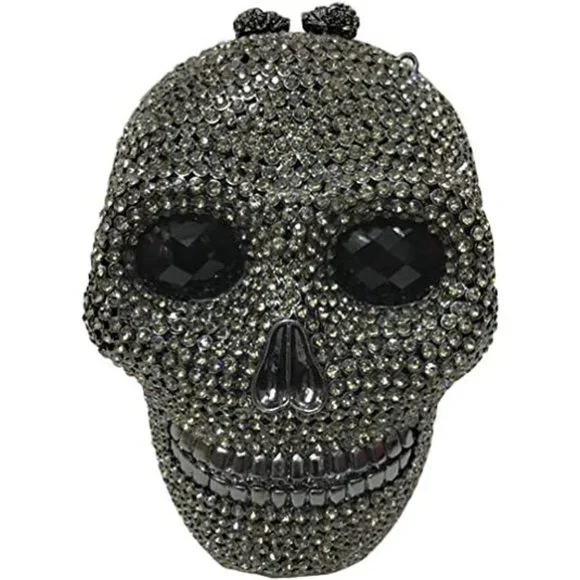 NWT Sparkling Bling Crystal Rhinestone Skull Clutch Purse Silver Gold +G… - Picture 8 of 11